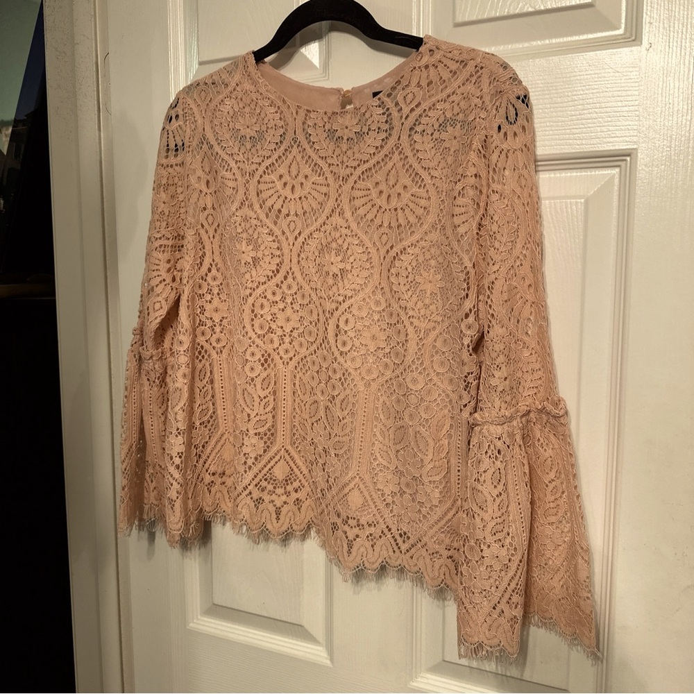 Worthington M Blouse Womens Pink Lace Floral Bell Sleeve Cotton Rayon Lined